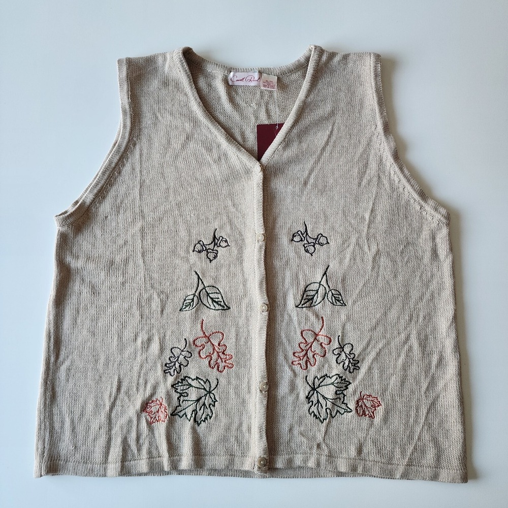 NEW Sweater Vest Womens XL Beige Embroidered Leaf Autumn Cottagecore Fall Indie - Picture 4 of 15